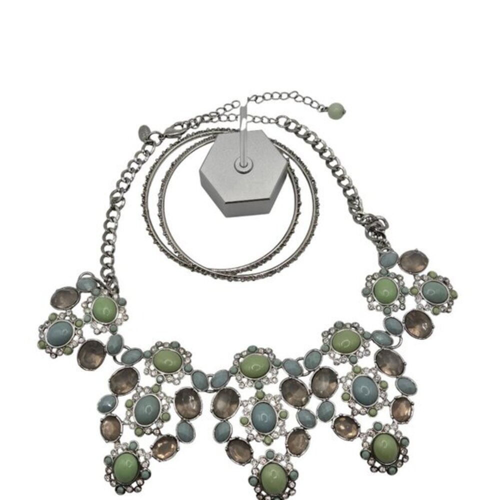 Vtg Stmt Bib Necklace Earrings Bracelet Set Green Blue Cabochon Party Glam Retro